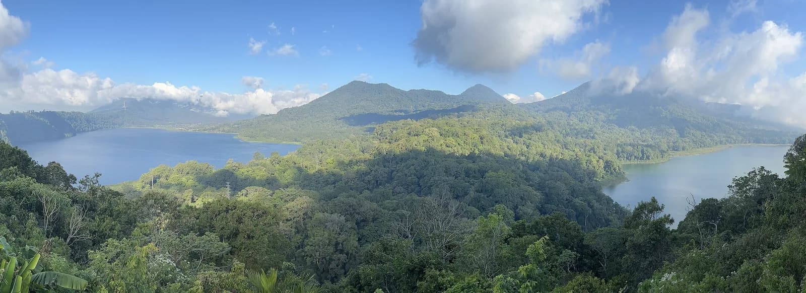 View over Lake Buyan and Lake Tamblingan from a ridge viewpoint near Munduk, north Bali