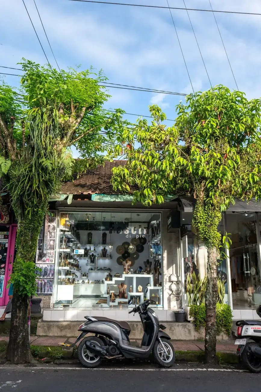 Shopfronts, trees and a parked scooter on a street in the centre of Ubud, Bali