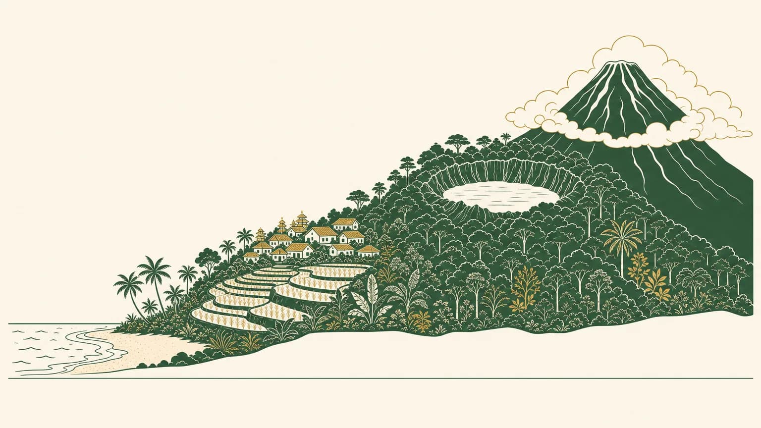 Cross-section of Bali from the beach through rice terraces and a village to highland forest, a crater lake and a volcano in cloud