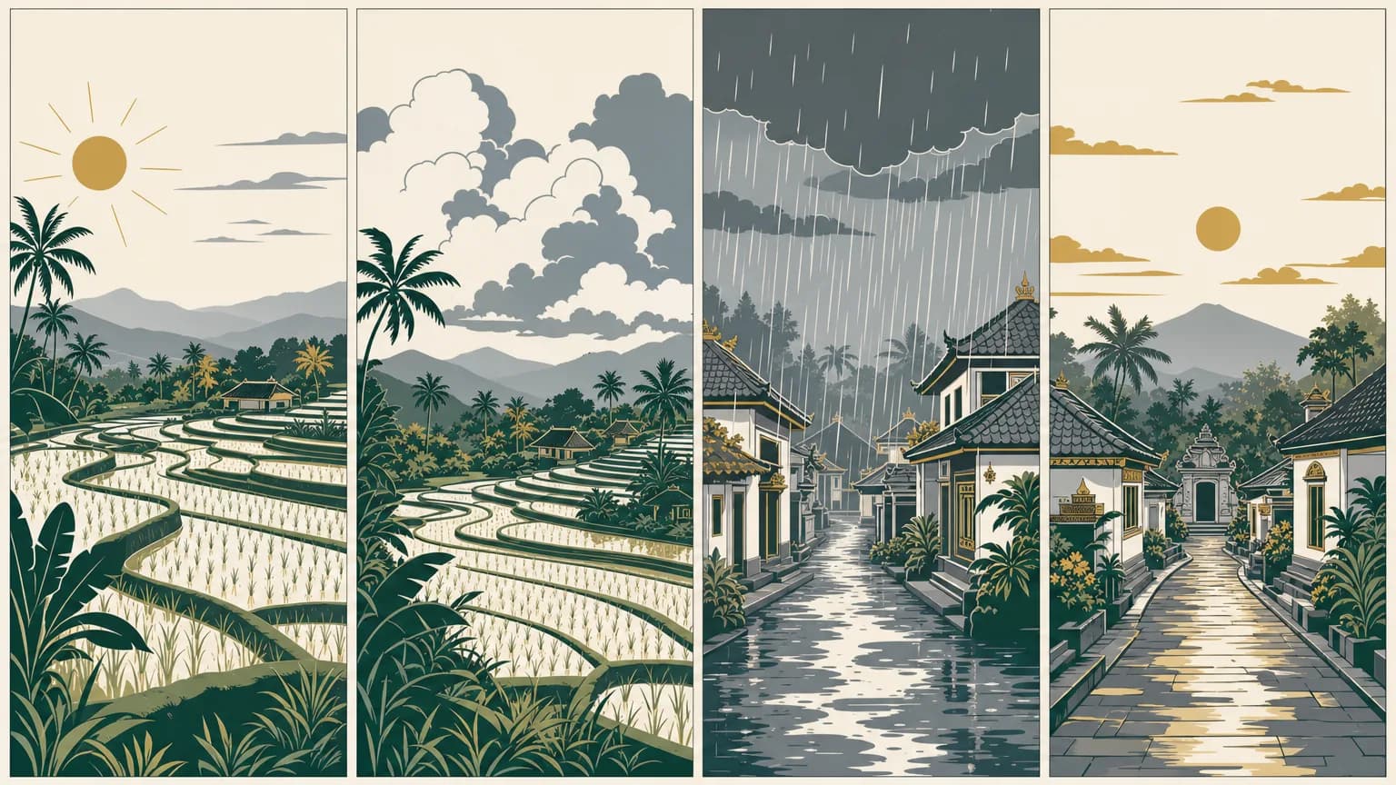 Four panels showing one wet season day in Bali: clear morning over rice terraces, cloud building, a heavy afternoon downpour on a village street, then a clear golden evening