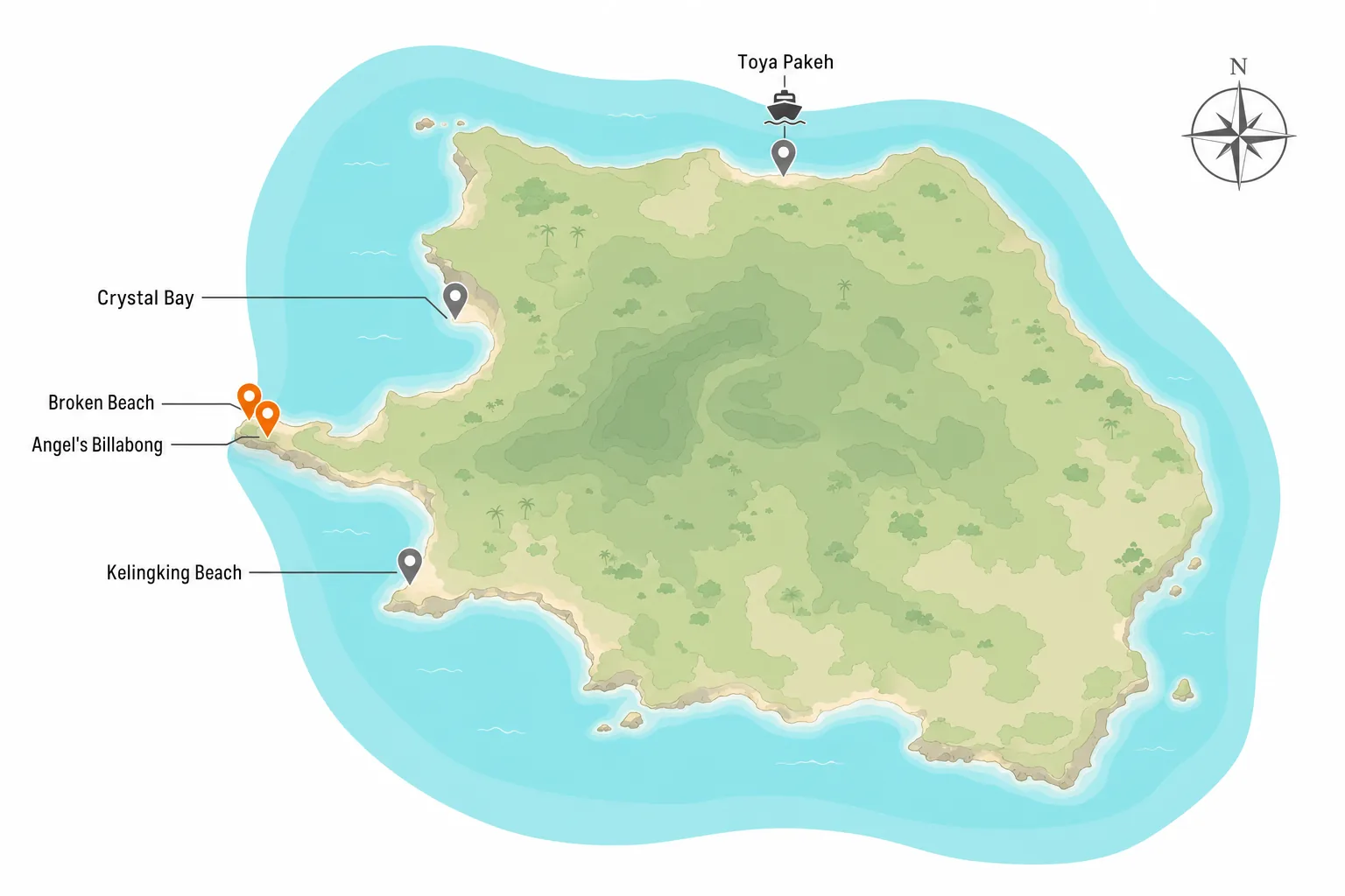 Map of Nusa Penida showing Toya Pakeh, Crystal Bay, Broken Beach, Angel's Billabong and Kelingking Beach
