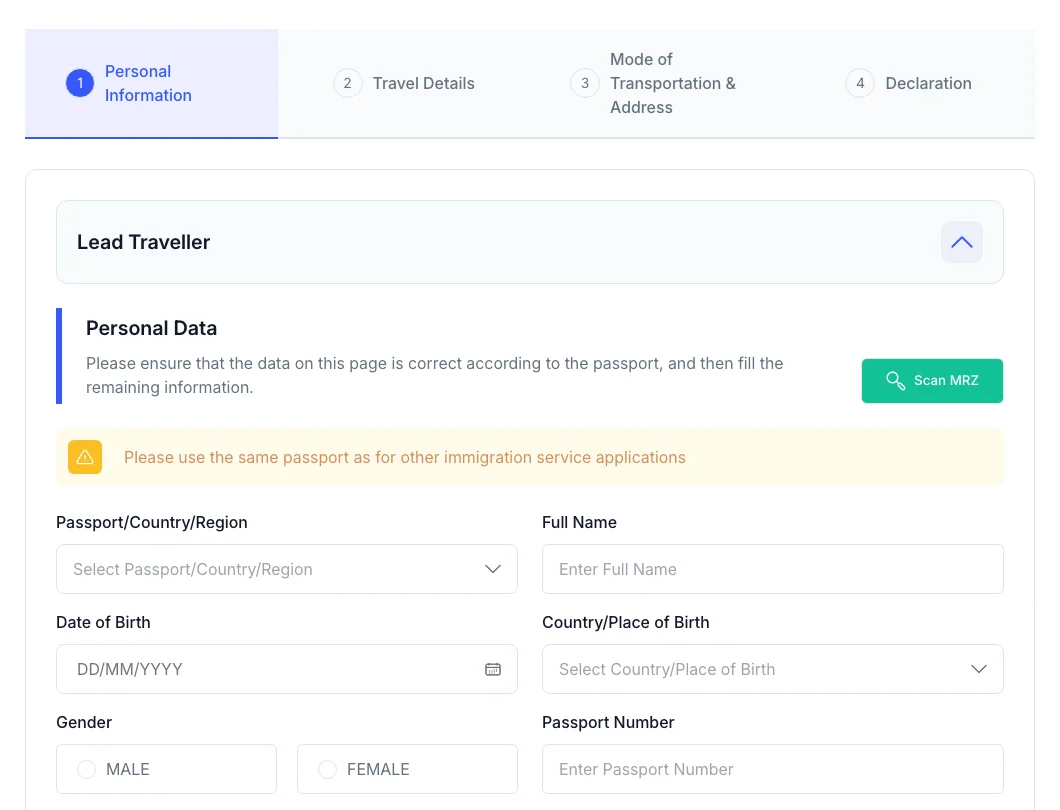 First tab of the All Indonesia arrival card form on the official website: Personal Information, with the Lead Traveller block, Scan MRZ button and passport fields