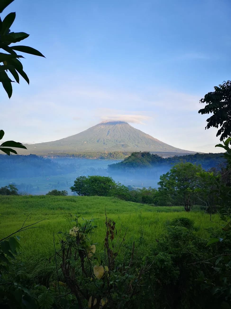 Mount Agung rising above morning mist and green rice fields in east Bali