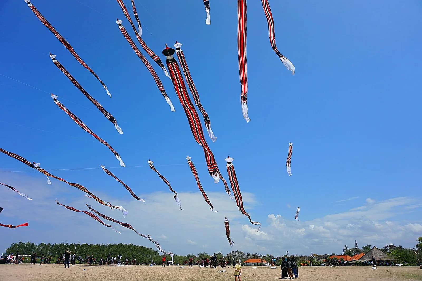 Giant traditional kites flying over Mertasari Beach, south Sanur, during the Bali kite festival