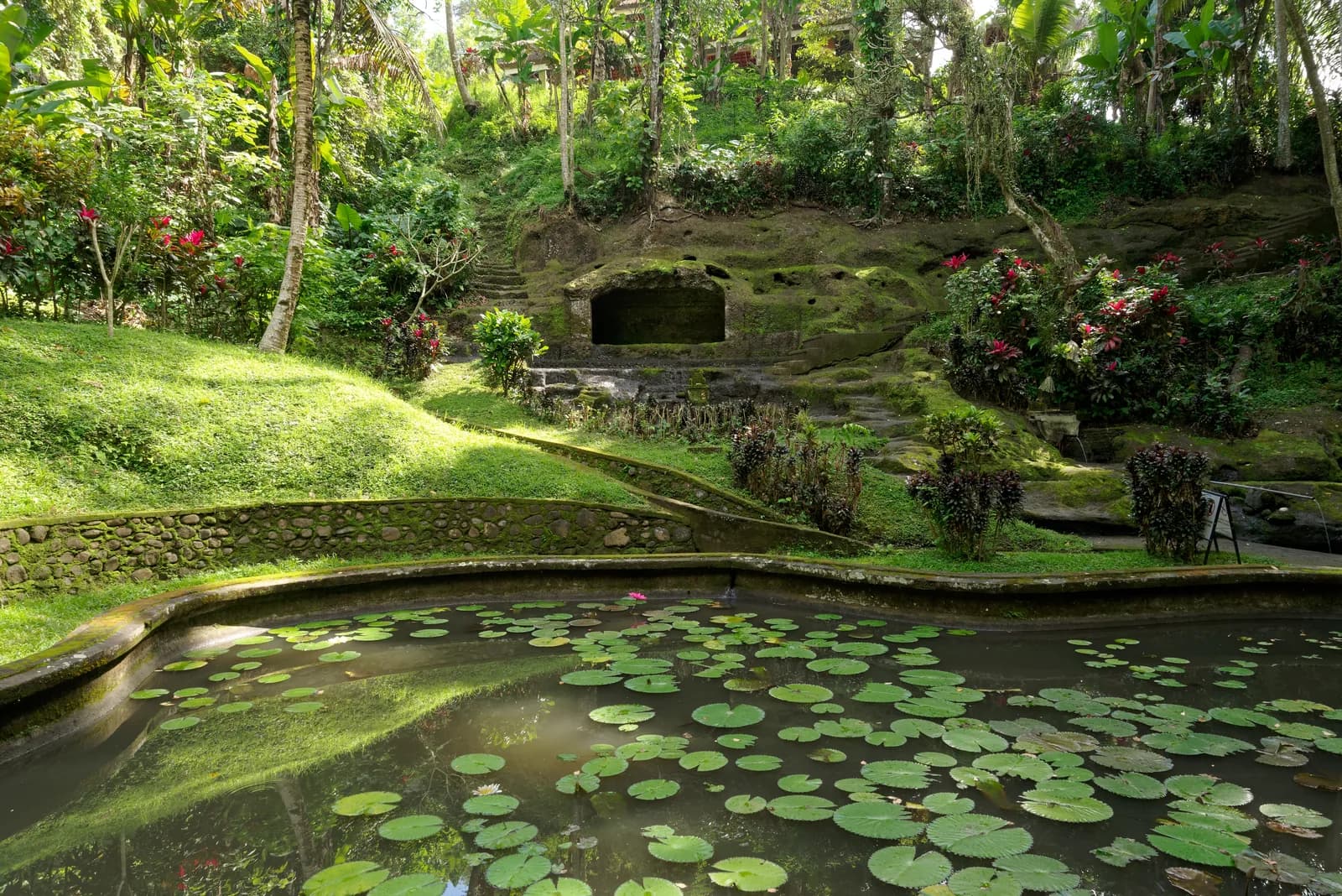 Lotus pond, lawns and a rock-cut shelter in the lower gardens of Goa Gajah, Bedulu, Bali