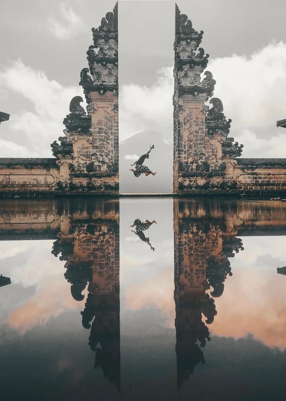 The Lempuyang gate photographed with a mirror held under the lens, producing an apparent reflection