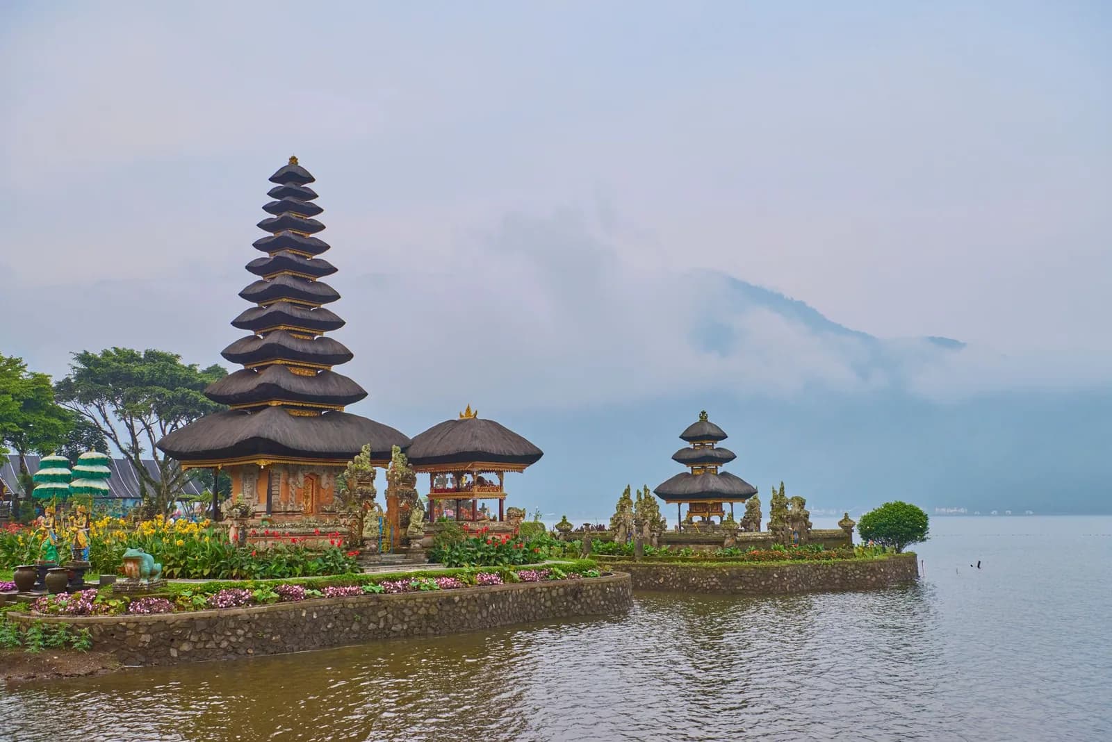 The tiered meru shrines of Ulun Danu Beratan standing in the water of Lake Bratan, Bali