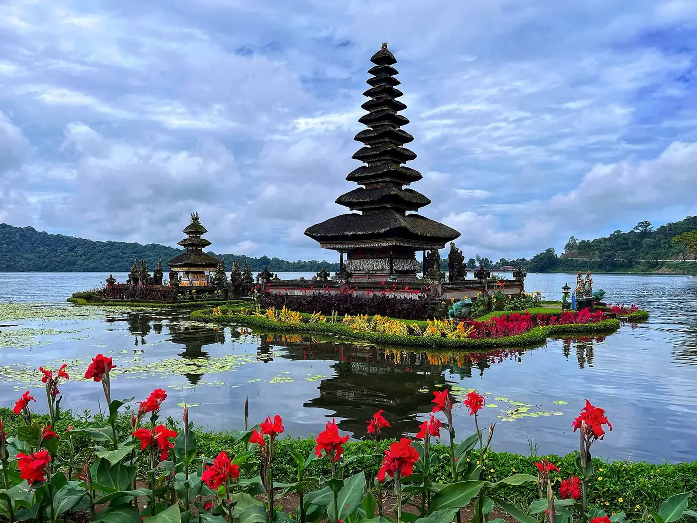 The eleven-tiered meru of Ulun Danu Beratan surrounded by high water on Lake Bratan
