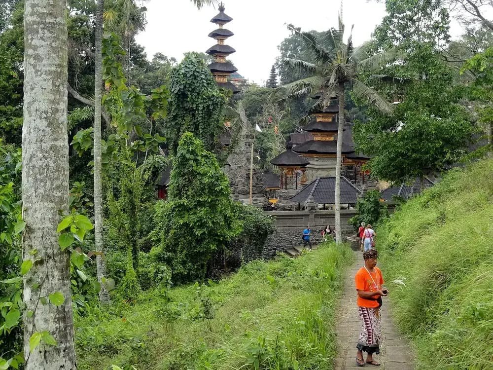 The paved path at the start of the Campuhan Ridge Walk passing Pura Gunung Lebah in Ubud