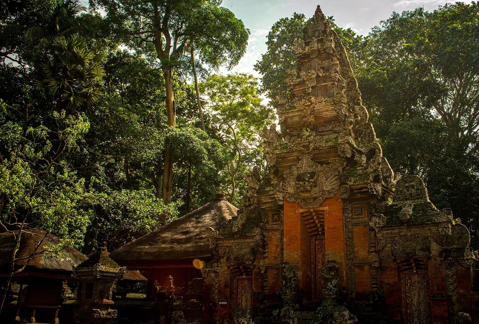 The carved brick and stone gate of Pura Dalem Agung Padangtegal backlit through the canopy in the Sacred Monkey Forest, Ubud