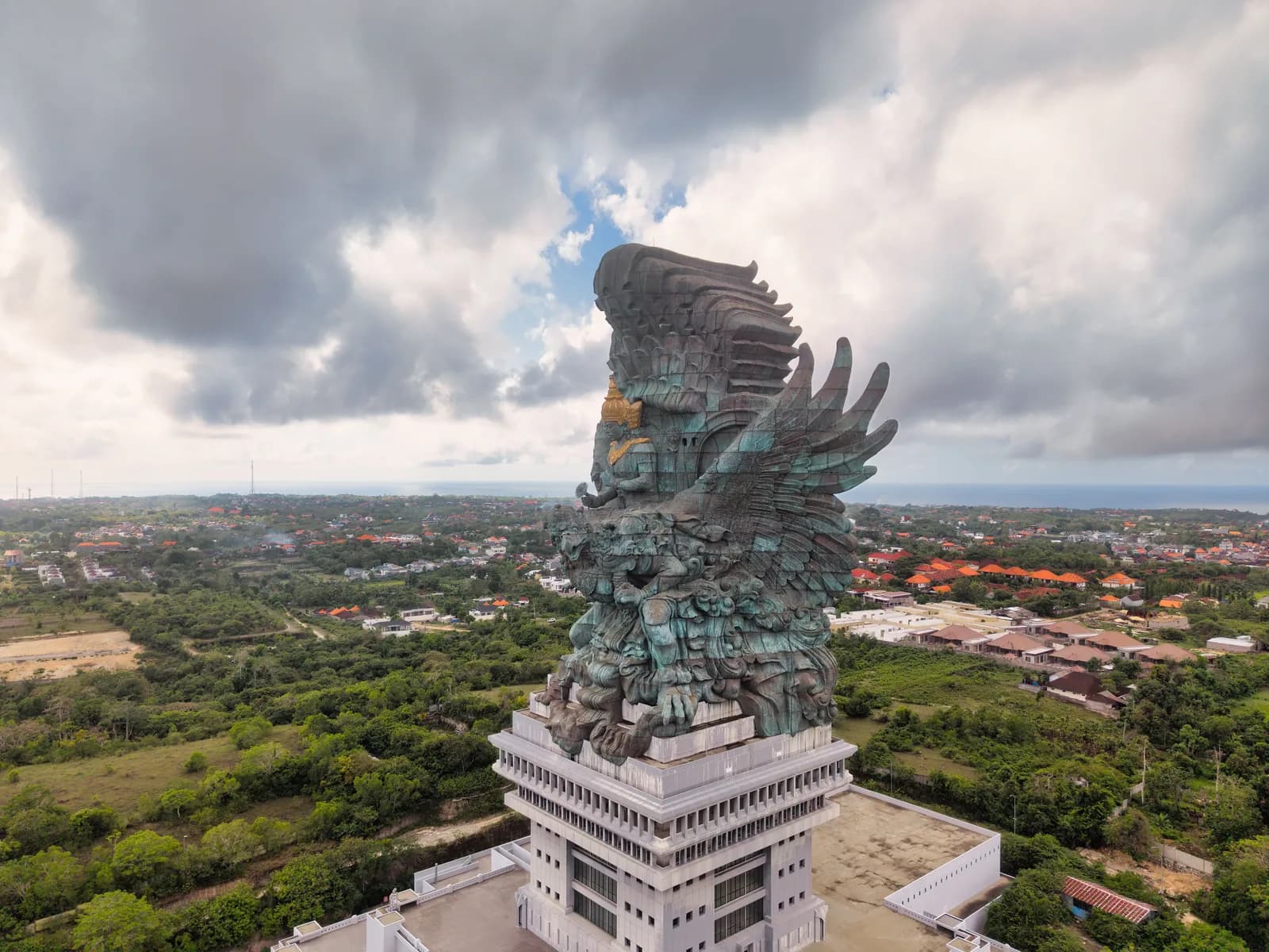 Aerial view of the Garuda Wisnu Kencana statue, Vishnu riding Garuda with wings spread, at GWK Cultural Park, Bali