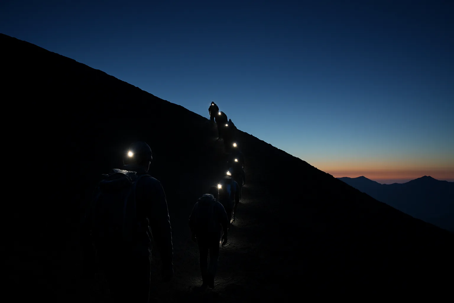 A line of trekkers with head torches climbing the dark ridge of Mount Batur before dawn, with an orange band on the horizon